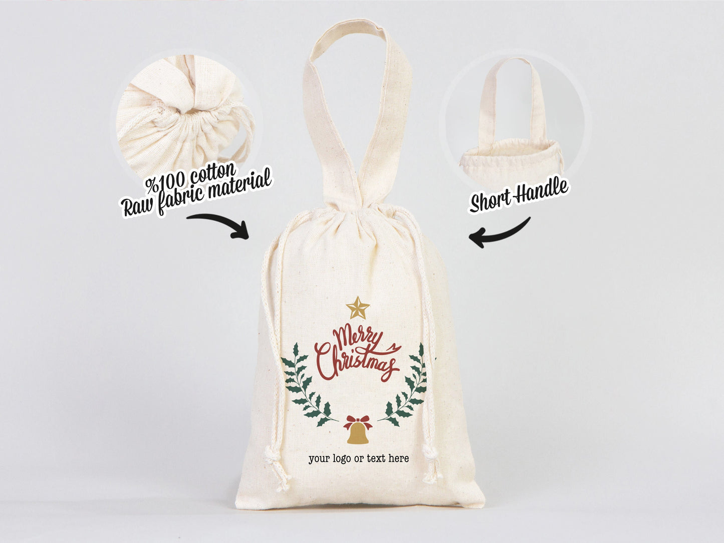 Merry Christmas Bags, 6"W x 8"H (15 cm x 20 cm) - Happy New Year Holiday Gift Bag, Custom Family or Company Bags, Add Logo & Text,Personalized Cotton Bags