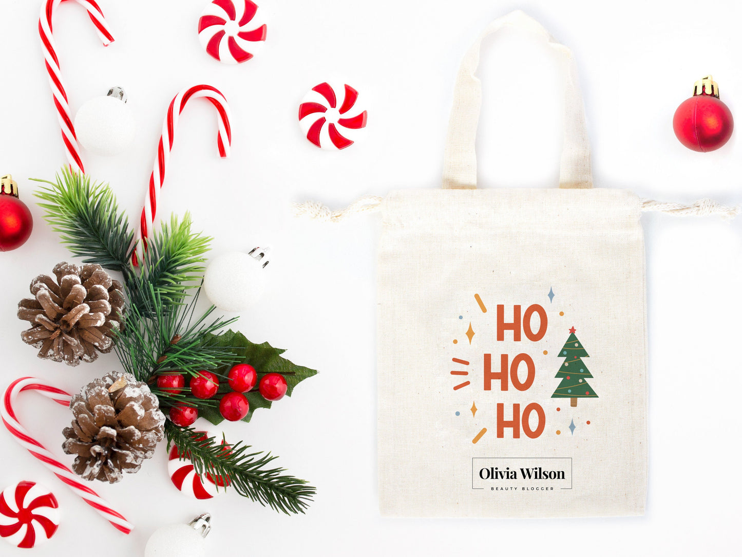 Customizable Ho Ho Ho Christmas Bags - 6" W x 8" H (15,5cm x 20 cm) Personalized Gift Bags for Happy New Year - Add Logo & Text