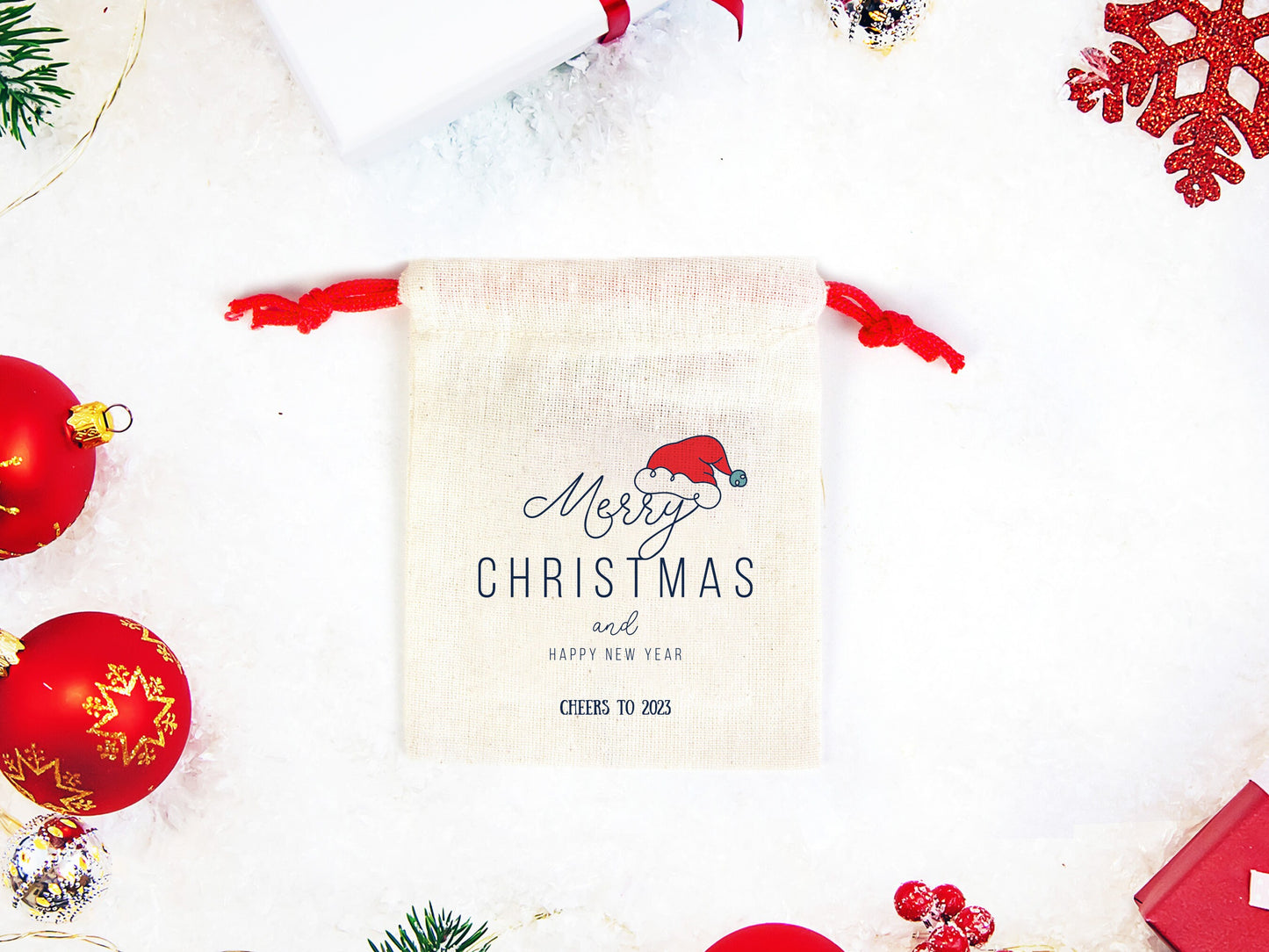 Merry Christmas And Happy New Year Bags, Colorful Drawstring Rope, Custom Print, Personalized Cotton Bags For You, Muslin Bag, Christmas Bag