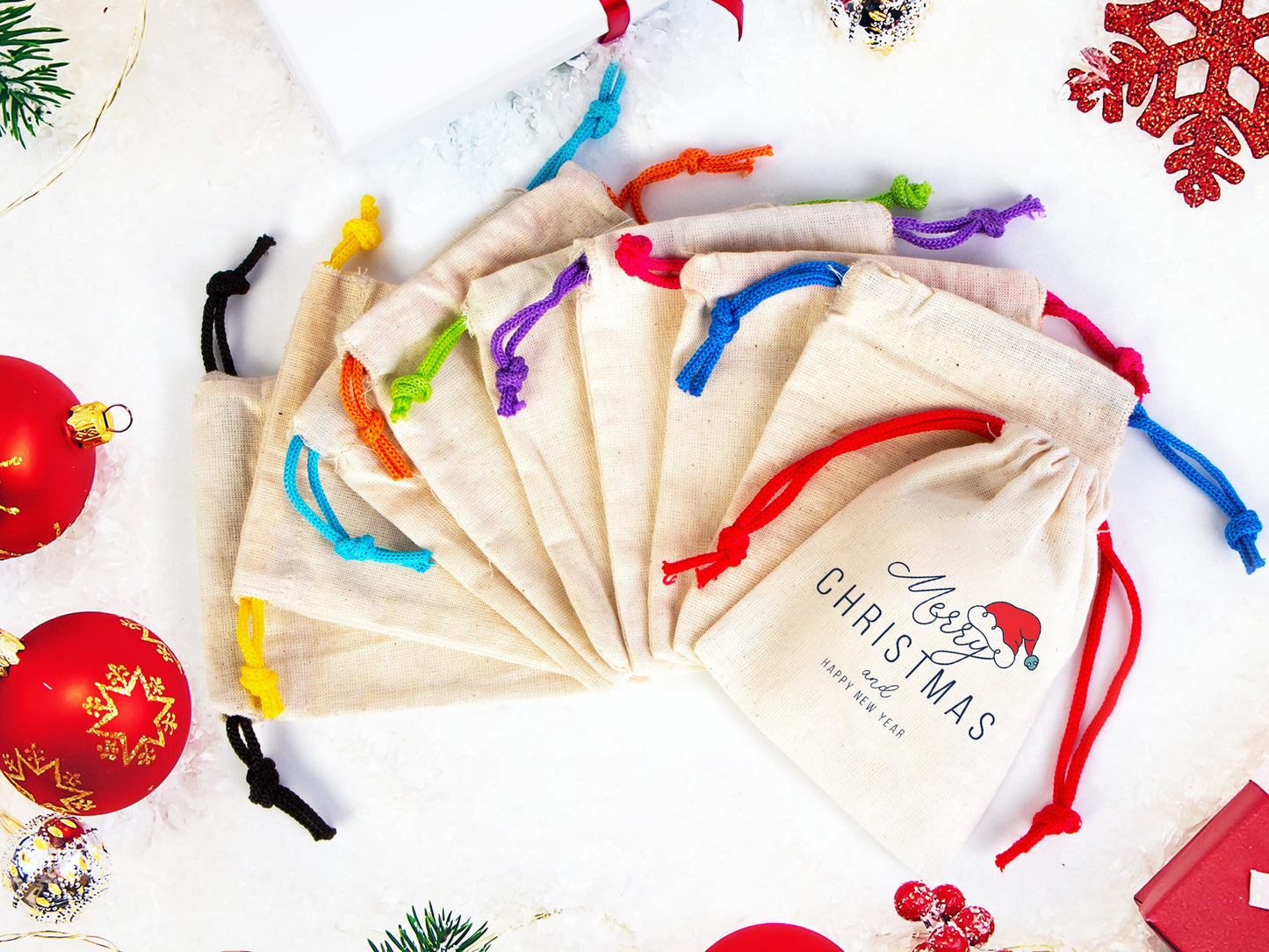 Merry Christmas And Happy New Year Bags, Colorful Drawstring Rope, Custom Print, Personalized Cotton Bags For You, Muslin Bag, Christmas Bag
