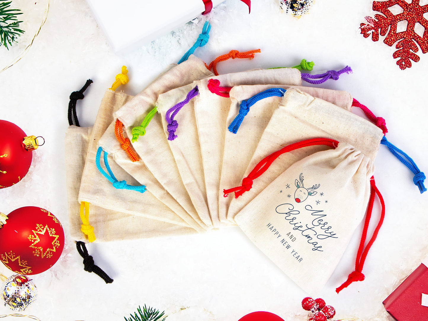 Merry Christmas Bags, Colorful Drawstring, Custom Print, Personalized Cotton Bags, Muslin Bags,Drawstign Pouch Bag, Gift Bag