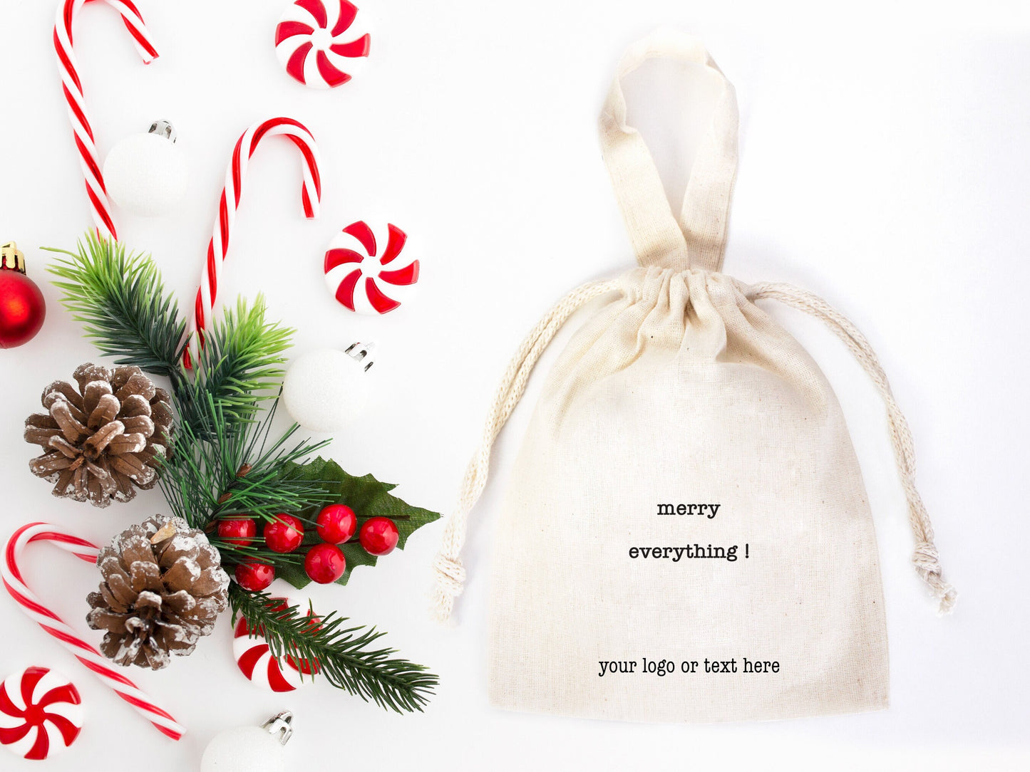 Merry Christmas And New Year Bags, 6"W x 8"H (15 cm x 20 cm) Custom Family or Company Bags, Add Logo & Text, Personalized Cotton Bags For You