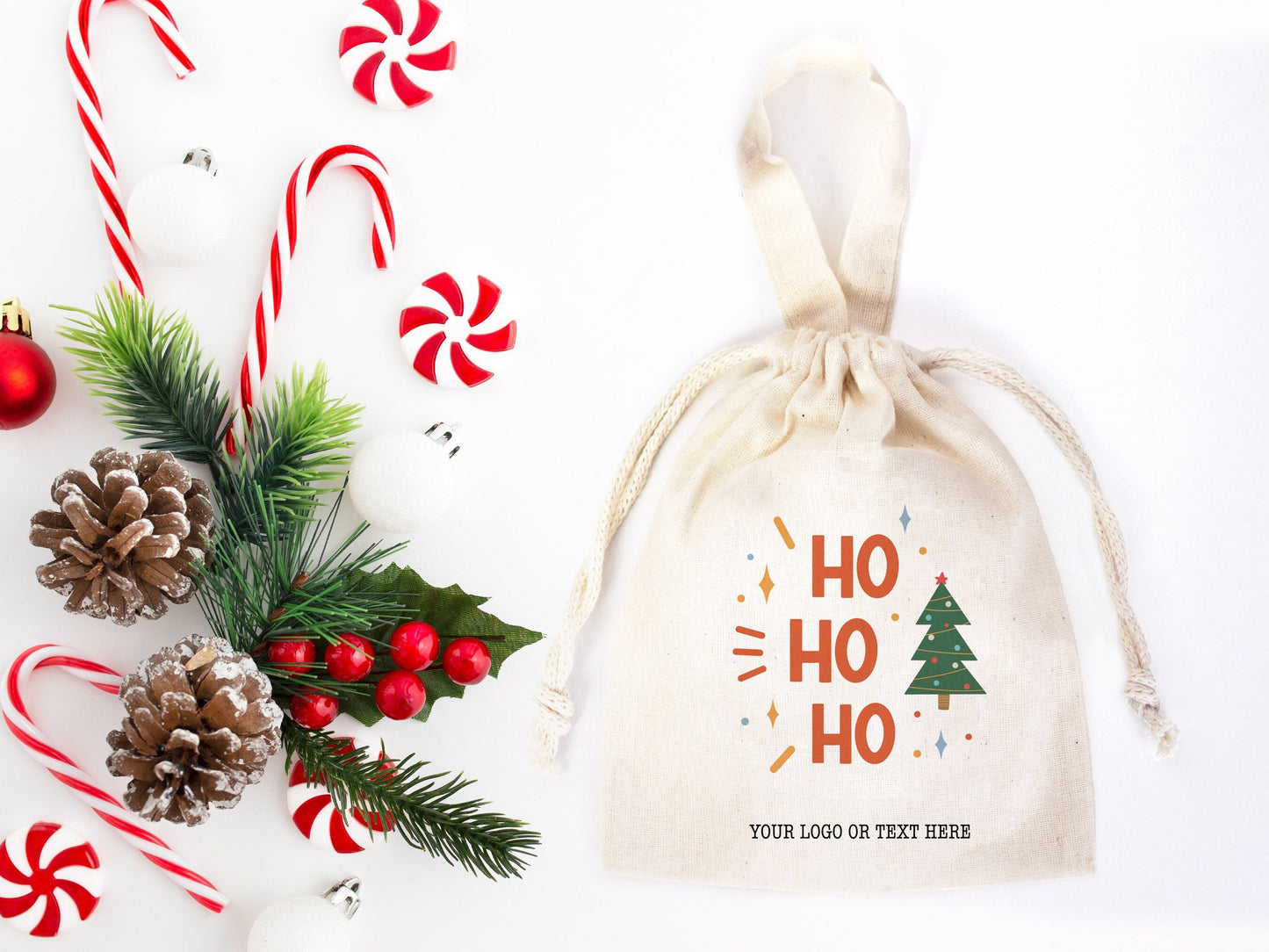 Customizable Ho Ho Ho Christmas Bags - 6" W x 8" H (15,5cm x 20 cm) Personalized Gift Bags for Happy New Year - Add Logo & Text