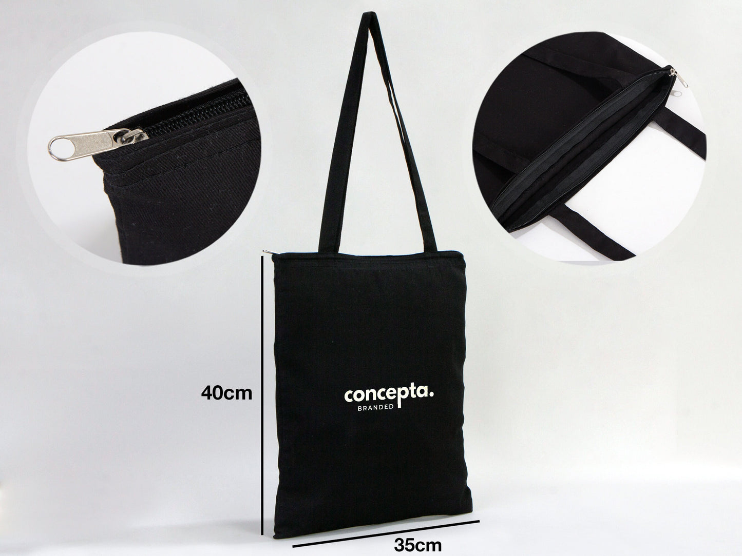 Black Tote Bags With Zip, 14"W x 16"H (35 cm x 40 cm) - Custom Tote Bags With Your Logo - Custom Promotional Bags
