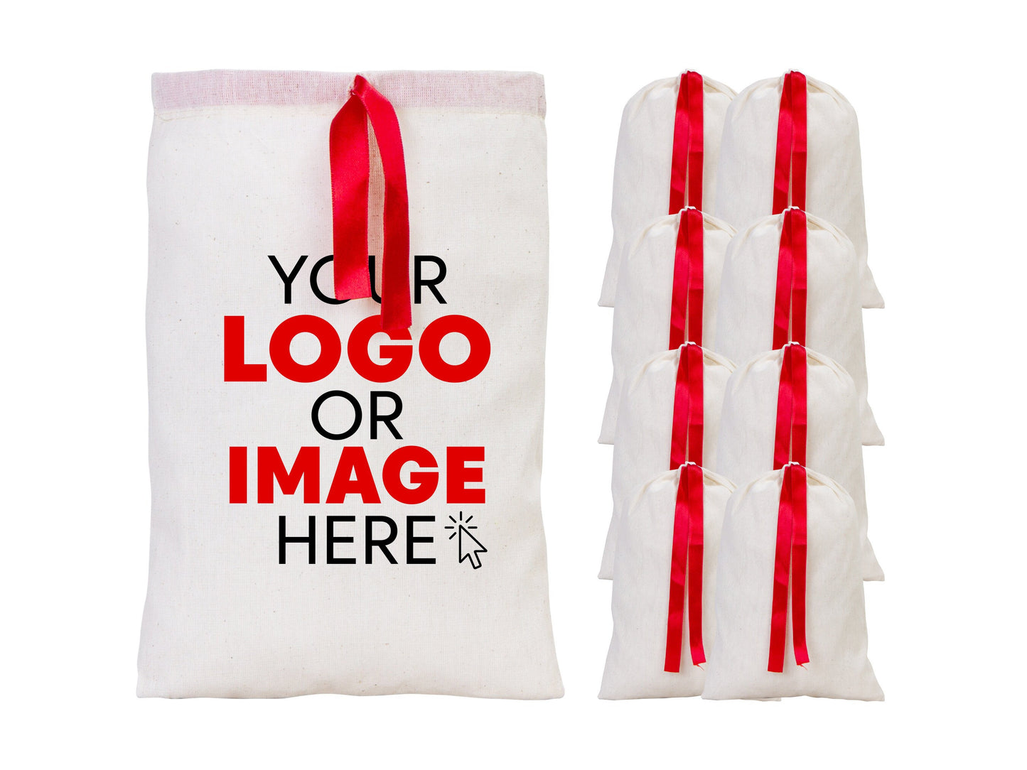Personalized Logo Printed Cotton Bags – 8 W x 12 H (20 cm " x 30 cm ") Red Double Drawstring Pouch Bags, Custom Party Favor Bags for Bridal Gifts