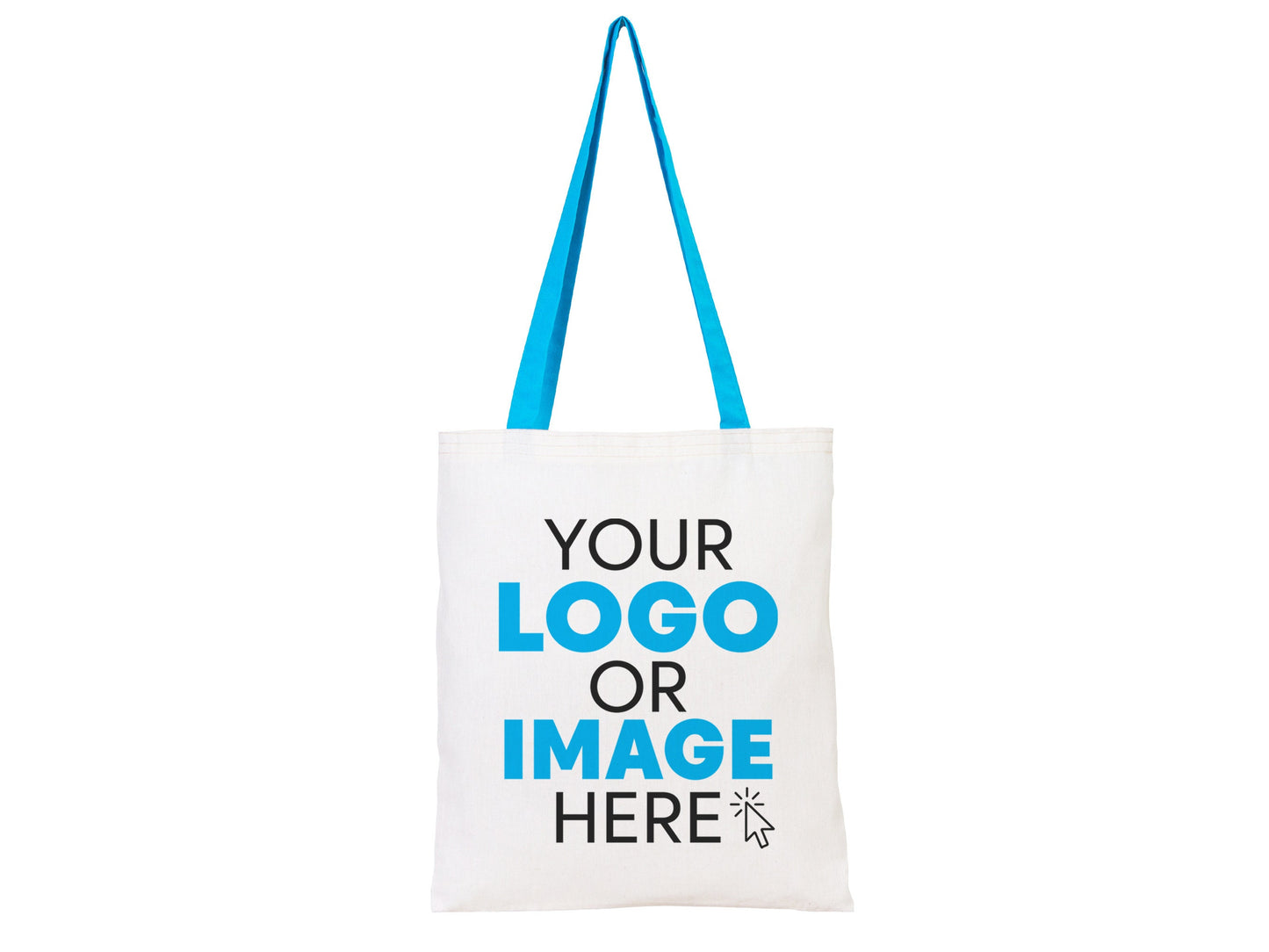 Custom Tote Bag with Turquoise Handle - 14"W x 16"H (35 cm x 40 cm) - Wholesale Tote Bags with Your Logo - 100% Cotton Organic Tote Bags