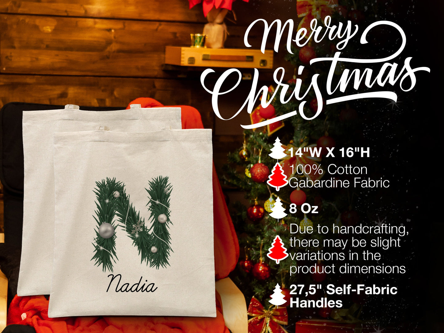 Custom Name Christmas Tote Bag 14"W x 16"H (35 x 40 cm) - Custom Name Holiday Gift, Festive Family Bag, Christmas Tree Tote, Santa's Gift Bags