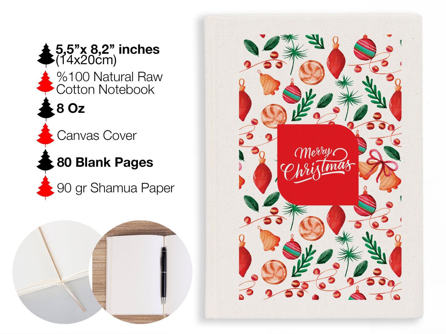 Custom Christmas Sketchbook, 2024 Notebooks, 6"W x 8"H (15 cm x 20 cm) Personalized Notebook Christmas Gift, Custom Logo Print