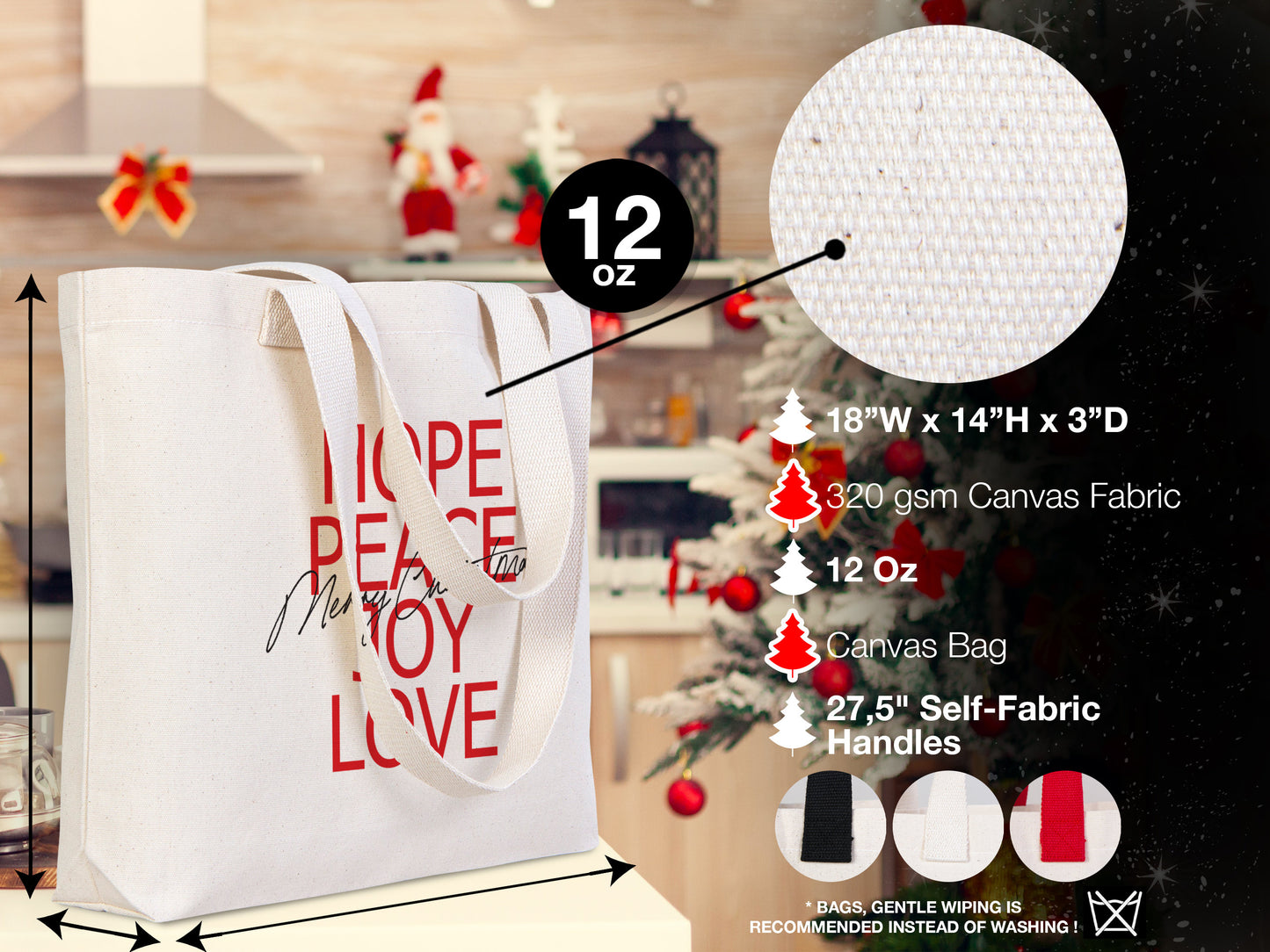 Christmas Canvas Tote Bags, 18"W x 14"H x 3"L (45 cm x 35 cm x 8 cm) Canvas Tote Bags, Santa's Gift Bags, Custom Name Tote Bag