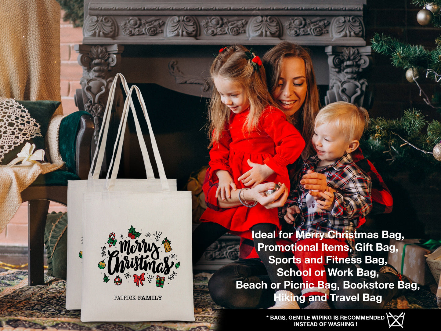 Personalized Gnomie Christmas - 14"W x 16"H (36 cm x 41 cm) Tote Bag - Family Holiday Gift with Custom Name - Christmas Present Tote Bag