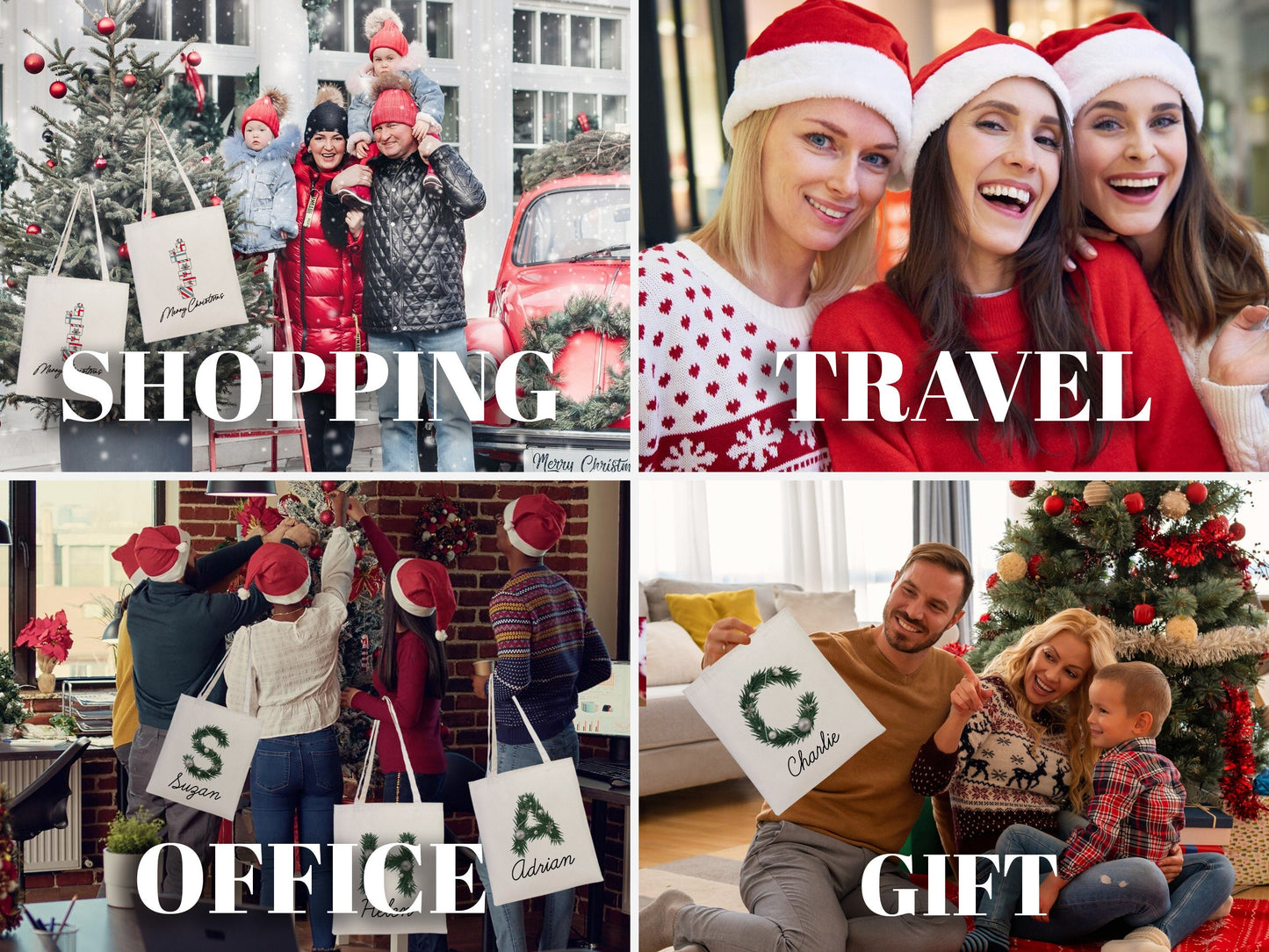 Custom Name Christmas Tote Bag 14"W x 16"H (35 x 40 cm) - Custom Name Holiday Gift, Festive Family Bag, Christmas Tree Tote, Santa's Gift Bags