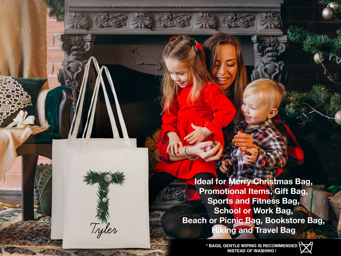 Custom Name Christmas Tote Bag 14"W x 16"H (35 x 40 cm) - Custom Name Holiday Gift, Festive Family Bag, Christmas Tree Tote, Santa's Gift Bags
