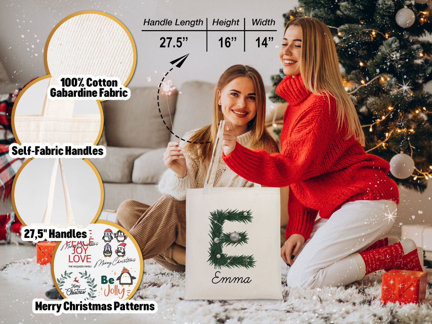 Custom Name Christmas Tote Bag 14"W x 16"H (35 x 40 cm) - Custom Name Holiday Gift, Festive Family Bag, Christmas Tree Tote, Santa's Gift Bags
