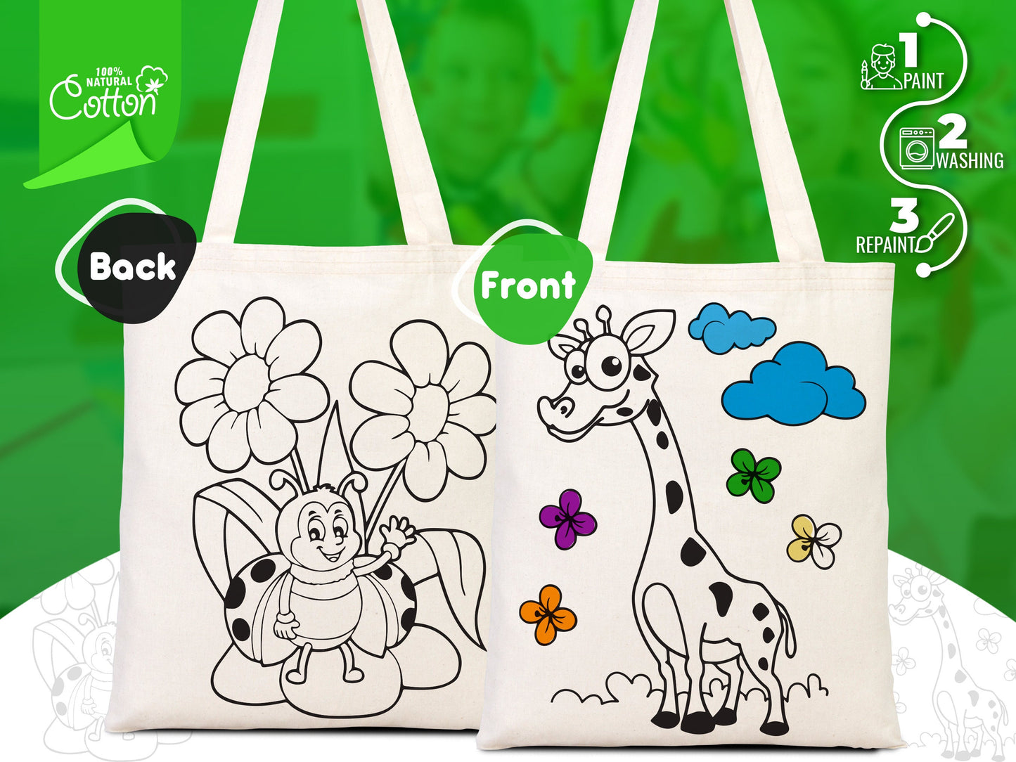 Giraffe and Bee Coloring Bag 14"W x 16"H (35x40 cm), NO PENCIL In This Package, Eco Friendly Coloring For Kids, Gift For Parent, Coloring Activities For Kids