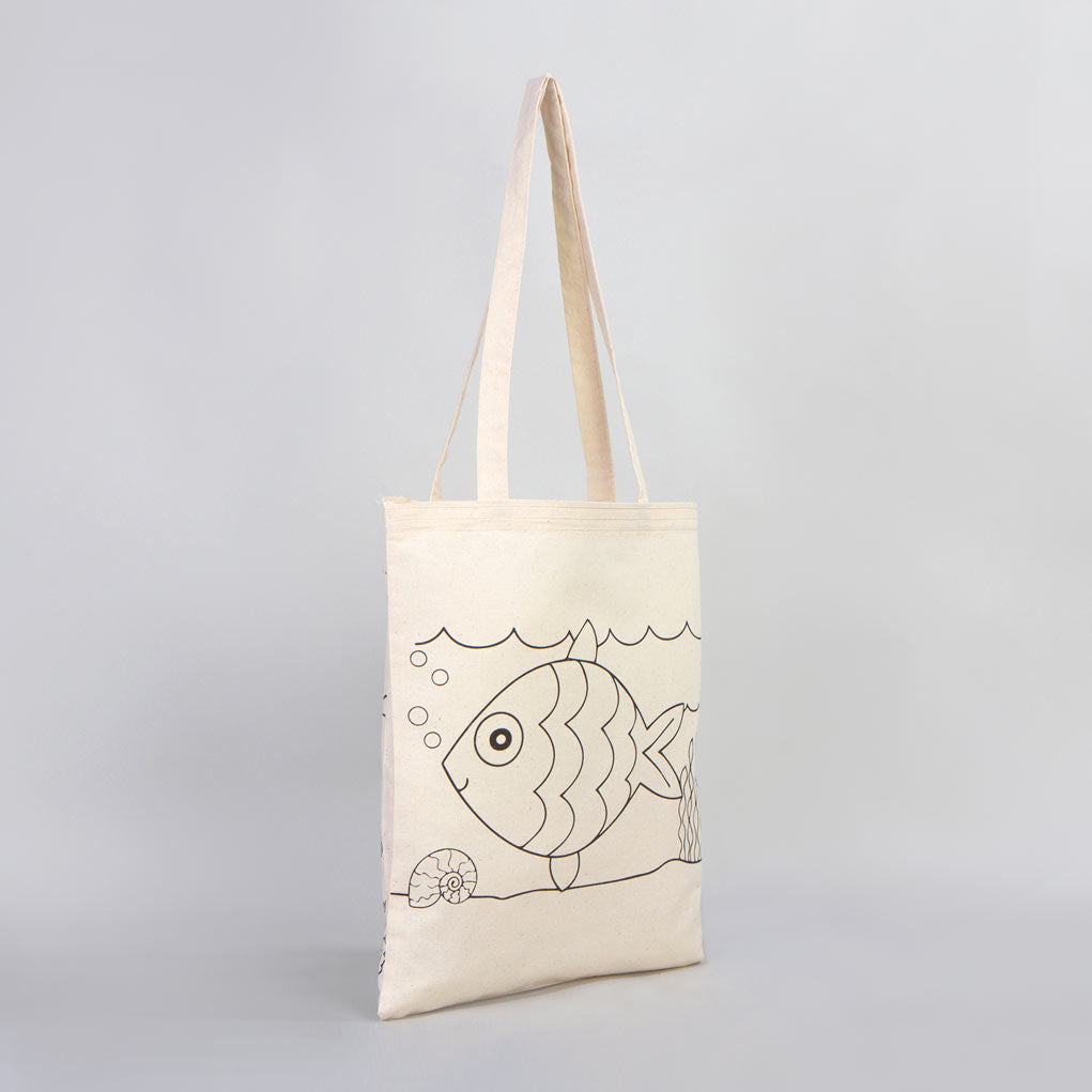 Bammerz Paintable Cotton Bag 14"W x 16"H (35 cm x 40 cm) - Fish & Boat - NO PENCİL İNCLUDED