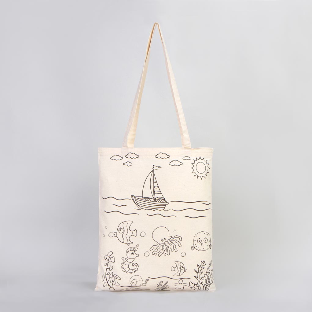 Bammerz Paintable Cotton Bag 14"W x 16"H (35 cm x 40 cm) - Fish & Boat - NO PENCİL İNCLUDED
