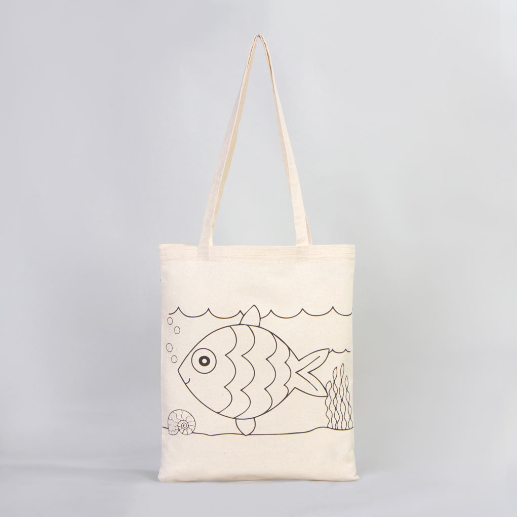 Bammerz Paintable Cotton Bag 14"W x 16"H (35 cm x 40 cm) - Fish & Boat - NO PENCİL İNCLUDED
