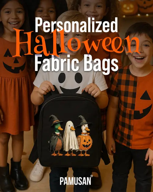 Children in Halloween costumes with a backpack featuring ghost, witch, and pumpkin designs, with 'Personalized Halloween Fabric Bags' text and 'PAMUSAN' branding.
