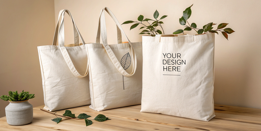 Three 14x16 inch natural beige canvas tote bags displayed on a wooden surface, featuring minimalist custom designs and long handles, ideal for eco-friendly branding.