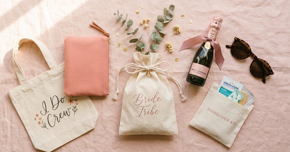 Curated cotton bachelorette bags arranged as a bridal party gift set