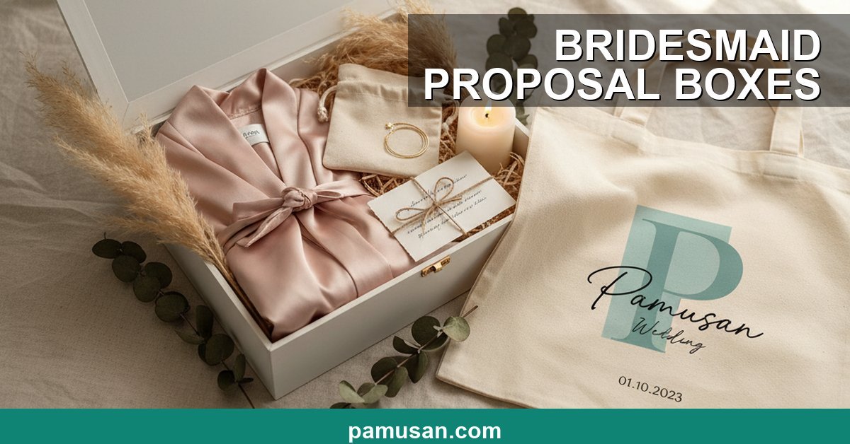 Tote based bridesmaid proposal box filled with personalized gifts