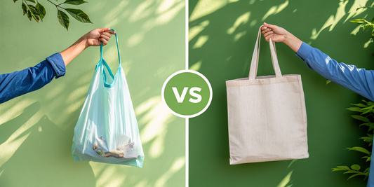 Flat-lay image showing a plastic bag and a reusable canvas tote bag on a green background, emphasizing sustainable alternatives.