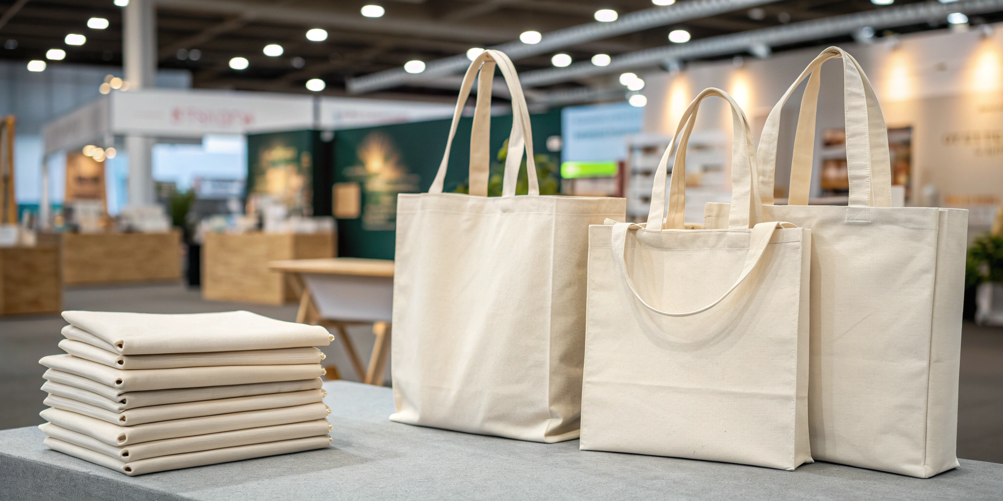 Multiple natural canvas tote bags (14x16 inches) displayed upright and stacked on a table at a trade show booth, with a blurred expo background and soft lighting.