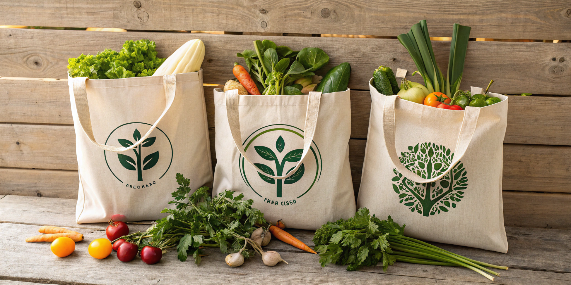 Three reusable canvas shopping bags filled with fresh vegetables like lettuce, carrots, tomatoes, and leeks, placed on a rustic wooden bench, promoting sustainable and eco-friendly shopping.