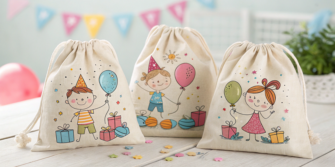 Set of three custom birthday gift bags with colorful prints and names, reusable canvas pouches for kids 