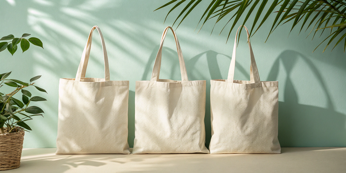 Three off-white canvas tote bags placed side by side on a soft pastel background – eco-friendly, reusable, and ideal for bulk orders.