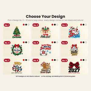 Design chart No. 1 to 9 for the Christmas and New Year 2027 drawstring bags, every design available on red, black and natural