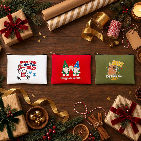 Three printed cotton clutch bags, white, red and olive green, with Beary Happy New Year polar bear, Happy Gnome Year 2027 and Capy New Year 2027 prints on a gift-wrapping table