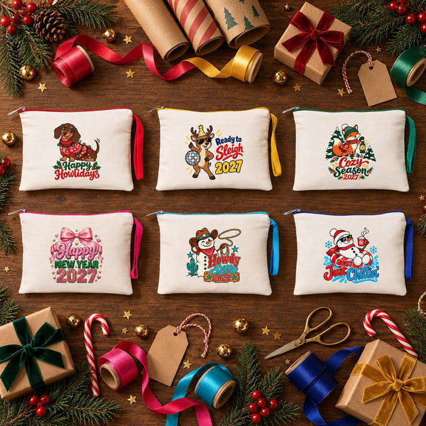Six printed cotton zipper pouches with Happy Howlidays, Ready to Sleigh, Cozy Season, Happy New Year, Howdy Snow and Just Chillin prints on a Christmas gift-wrapping table