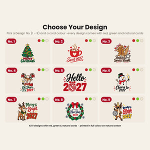 Design chart No. 1 to 9 for the Christmas and New Year 2027 cotton pouches, every design available with red, green and natural cords
