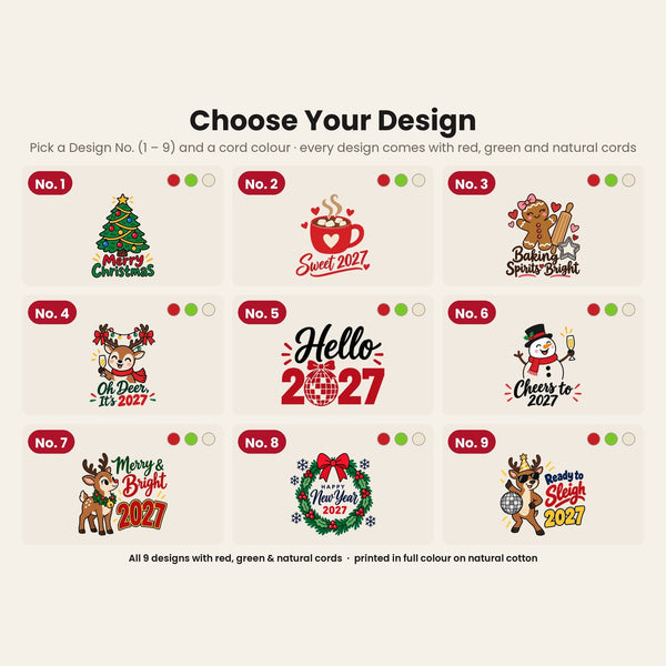 Design chart No. 1 to 9 for the Christmas and New Year 2027 cotton pouches, every design available with red, green and natural cords