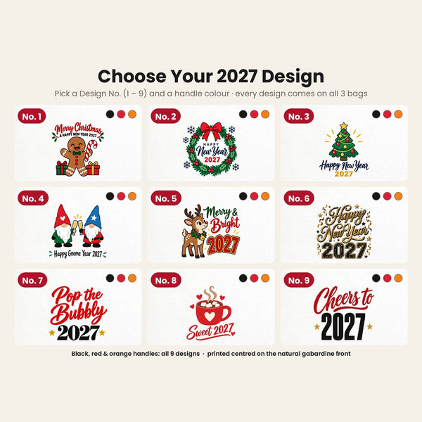 Design chart No. 1 to 9 for the Christmas and New Year 2027 tote bags, every design available with black, red and orange handles