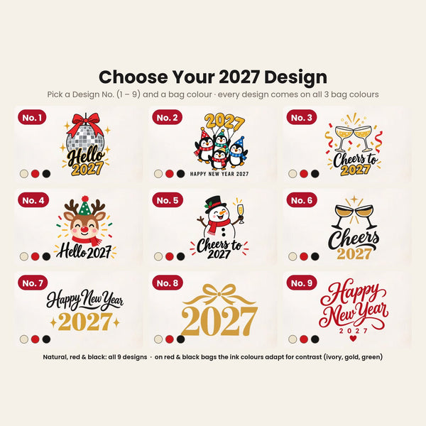 Design chart No. 1 to 9 for the 2027 New Year tote bags, with the bag colours available for each design
