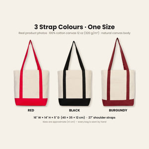 Real photos of the natural canvas tote bag with red, black and burgundy straps, 16 x 14 x 5 inches (40 x 35 x 12 cm) with 27 inch straps