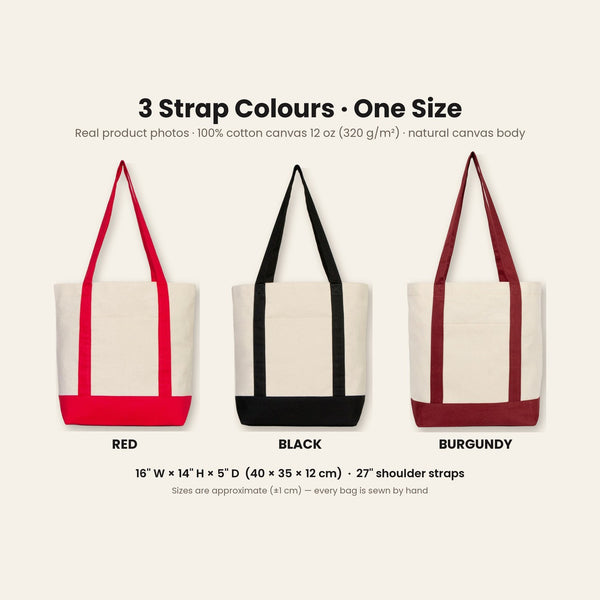 Real photos of the natural canvas tote bag with red, black and burgundy straps, 16 x 14 x 5 inches (40 x 35 x 12 cm) with 27 inch straps