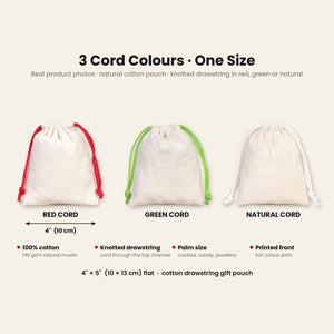 Natural cotton drawstring pouch with a red, green or natural cord, 4 x 5 inches (10 x 13 cm) flat, 140 gsm cotton