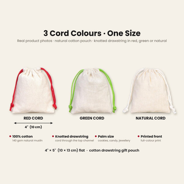 Natural cotton drawstring pouch with a red, green or natural cord, 4 x 5 inches (10 x 13 cm) flat, 140 gsm cotton