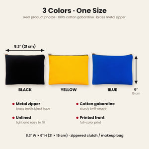 Real photos of the zippered clutch in black, yellow and royal blue, 8.3 x 6 inches (21 x 15 cm), cotton gabardine with a brass metal zipper