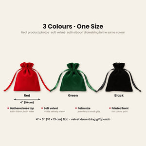 Velvet drawstring pouch in red, green and black, 4 x 5 inches (10 x 13 cm) flat, with a satin ribbon drawstring in the same colour