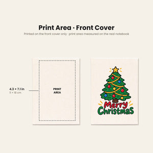 Print area of up to 4.3 x 7.1 inches (11 x 18 cm) centred on the canvas front cover, with an example Merry Christmas tree print