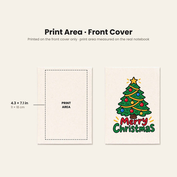 Print area of up to 4.3 x 7.1 inches (11 x 18 cm) centred on the canvas front cover, with an example Merry Christmas tree print