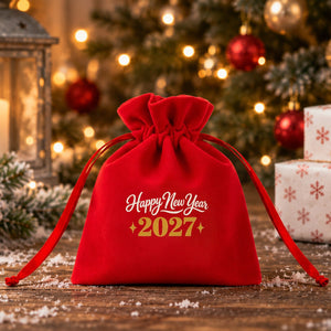 Red velvet drawstring pouch printed with a gold Happy New Year 2027 design on a snowy walnut table with a candle lantern, gift boxes and a lit Christmas tree