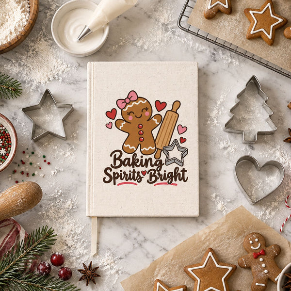 Natural canvas notebook with a Baking Spirits Bright gingerbread print as a Christmas recipe journal on a cookie baking counter