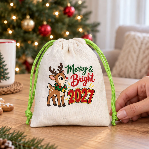Cotton pouch with a green cord printed with a Merry and Bright 2027 fawn design on a table, a hand holding the knotted cord end to show the real palm size