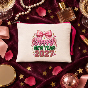 Cream makeup bag with a fuchsia zipper and a pink bow Happy New Year 2027 print on plum velvet with champagne glasses and pearls