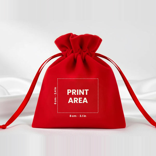 Print area of up to 3.1 x 2.4 inches (8 x 6 cm) centred on the front of the velvet pouch below the gathered top, with an example Hello 2027 print